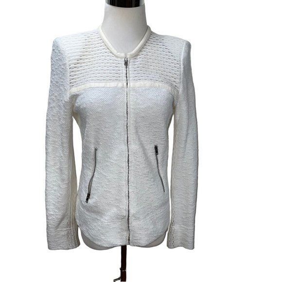 IRO Jackets & Blazers - IRO Hurley White Leather Trim Textured Knit Zip Jacket FR38 Pockets Embroidered